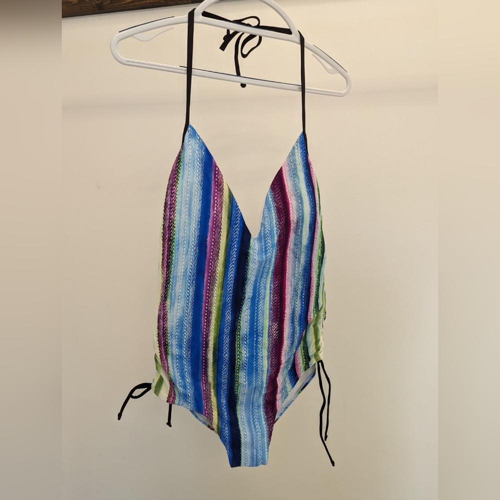 Colorful Vertical Stripres Tie Neck One-Piece Swimsuit